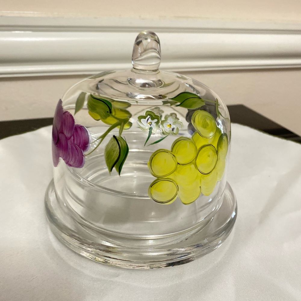 Vintage Hand-Painted Glass Cheese Dome with Yellow and Purple Grape Motif